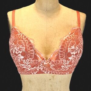 Beyond Sexy coral lace floral bra 36D padded plunge cleavage La Senza lingerie